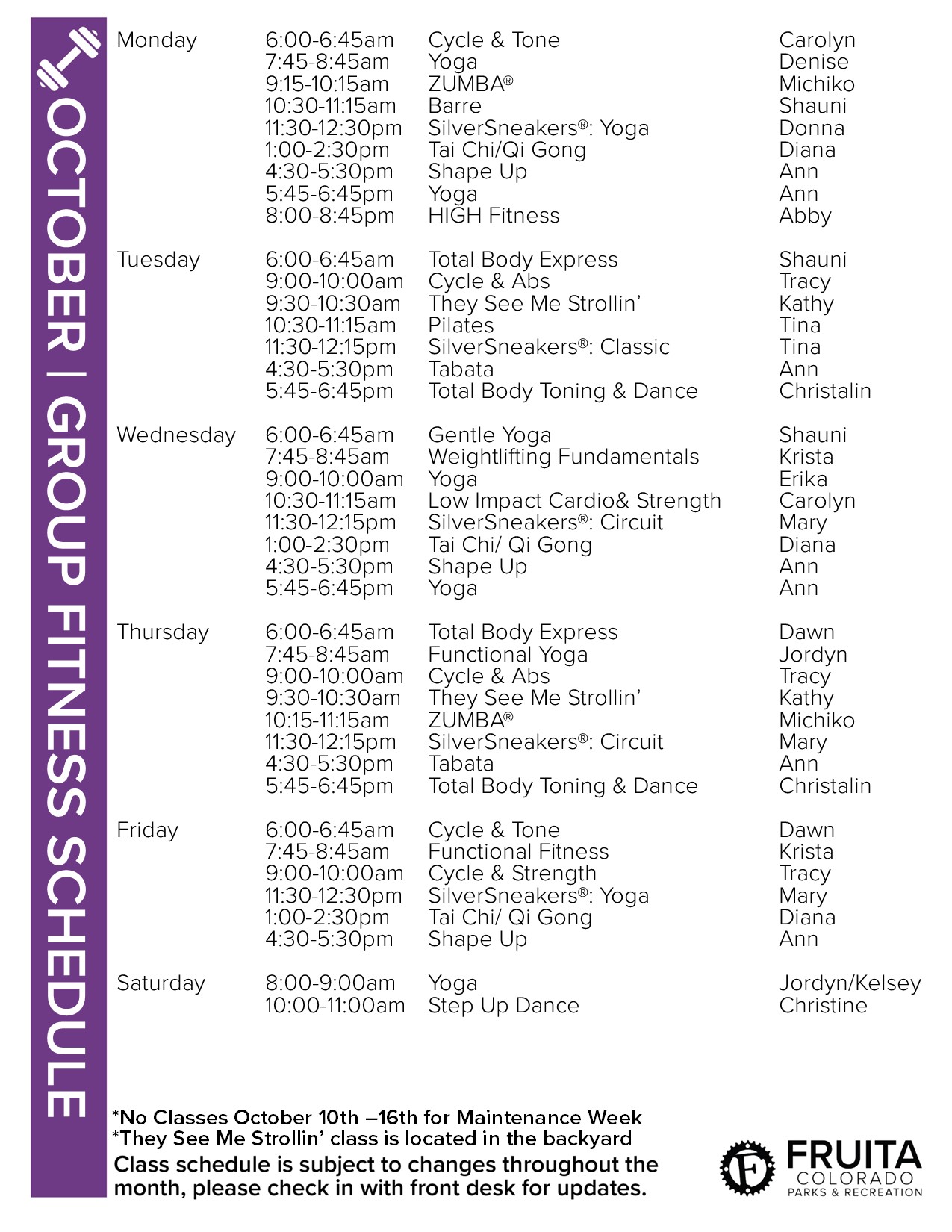 Current Fitness Schedule City of Fruita Colorado